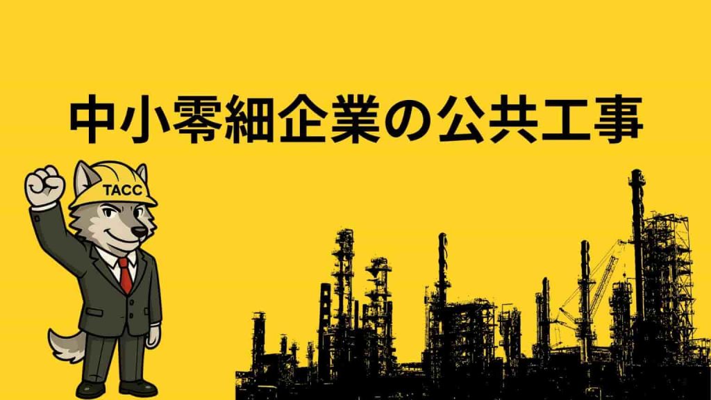 「中小零細企業の公共工事」と書かれた画像。ヘルメットとスーツ姿のオオカミのキャラクターが、工場やプラントのような建物のシルエットを背景に拳を上げている。