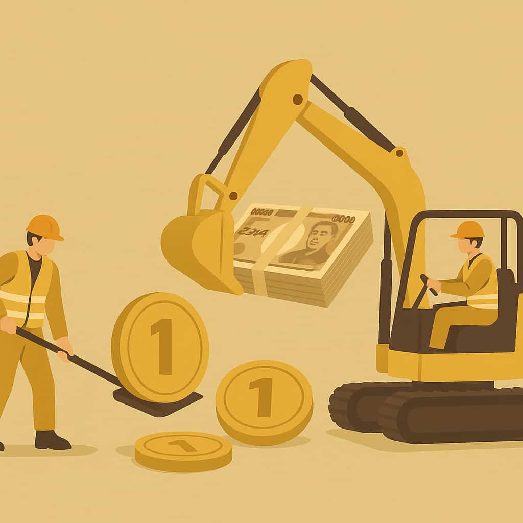 バックホーで硬貨を集める作業員と、バックホウのバケットに乗せられた日本円の札束のイラスト。投資やビジネスの成功、富の構築を象徴しています。