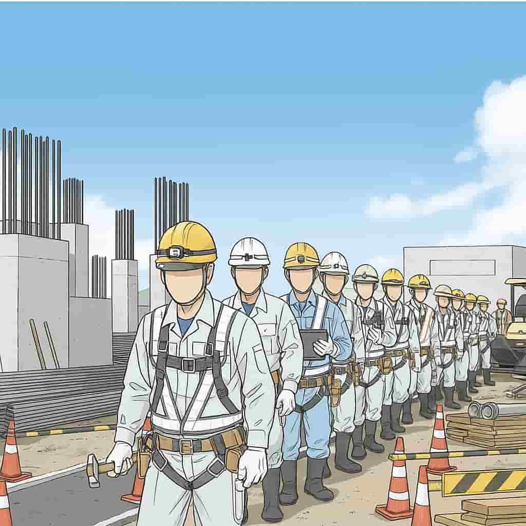 ヘルメットを被った作業員が列になって並んでいる工事現場のイラスト。品質管理と安全性を表現している。