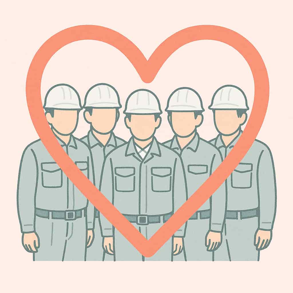 建設作業服を着た5人の作業員がハートの枠の中に並んでいるイラスト。チームワーク、団結、安全、愛、協力、仲間を象徴しています。