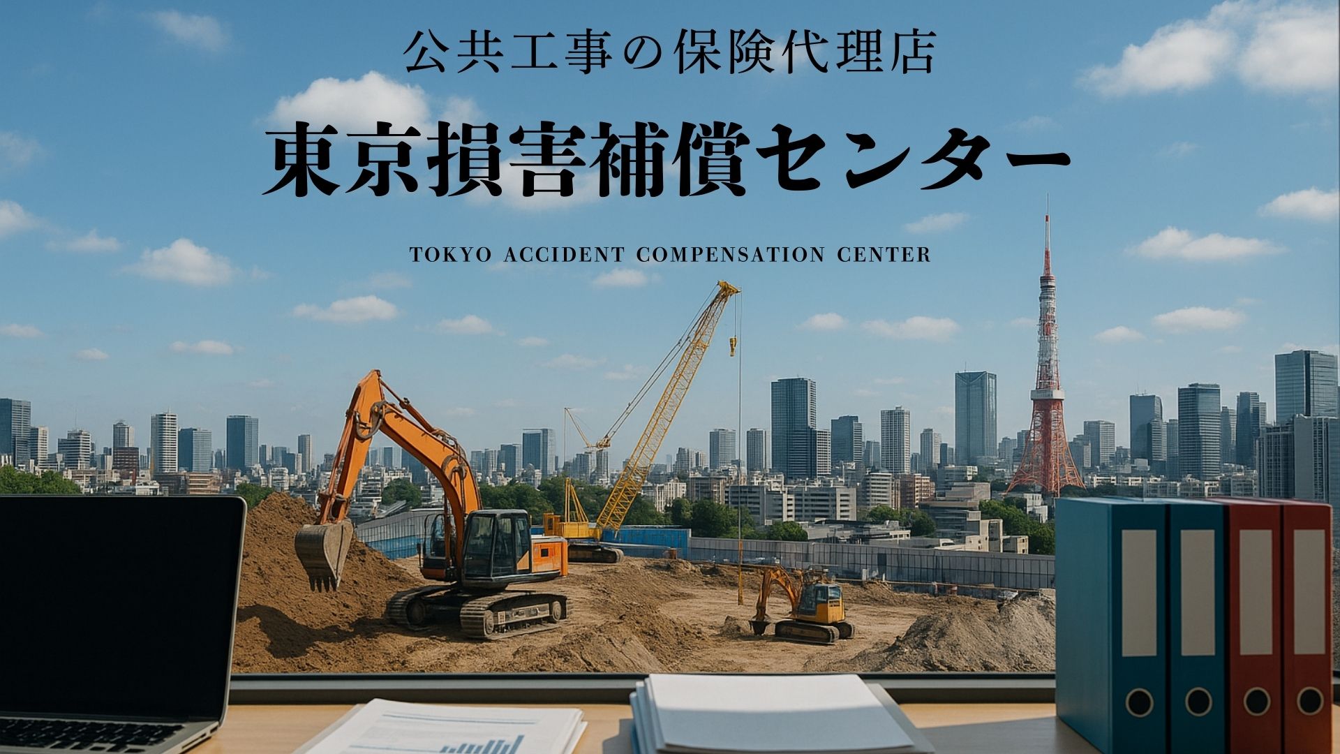 「公共工事の保険代理店 東京損害補償センター」と書かれたメインビジュアル。手前のオフィスから、建設中の高層ビル群と東京タワーが広がる都市の風景を一望する構図。