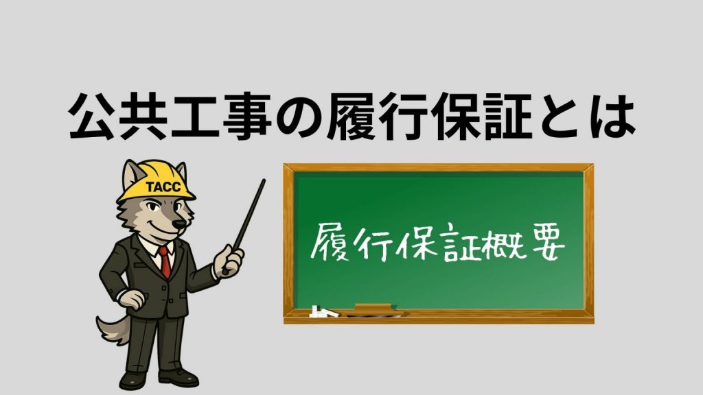 「公共工事の履行保証とは」と書かれた画像。スーツとヘルメットを着用したオオカミのキャラクターが、指し棒で黒板の「履行保証概要」を指している。