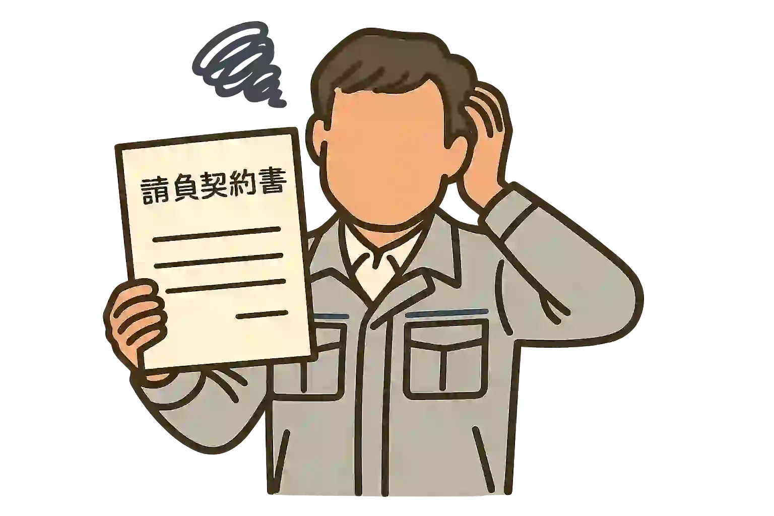請負契約書を前に困っている建設業者の男性のイラスト。