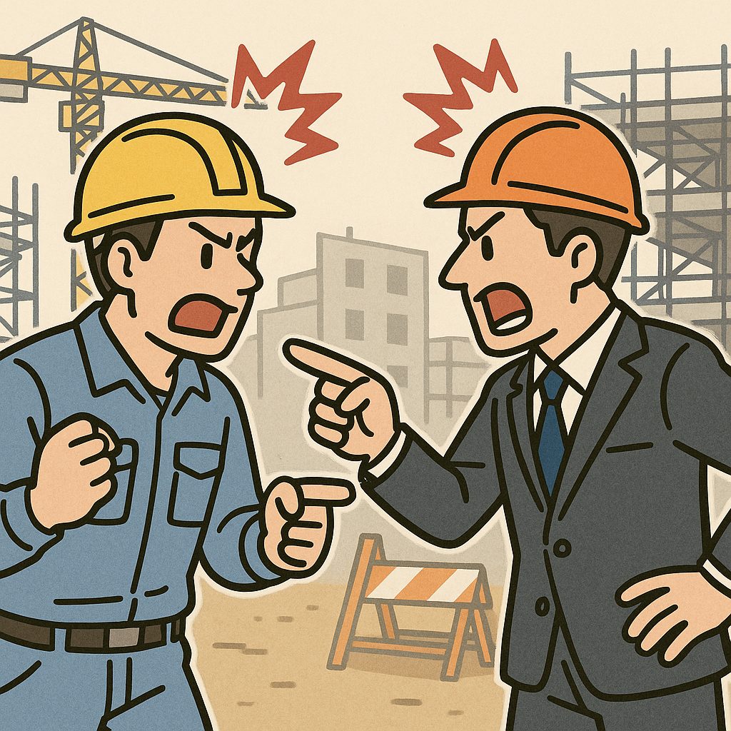 建設現場で怒鳴り合い、言い争う作業員と管理者。ハラスメントや不当解雇など労務トラブルのリスクを表現したイラスト。