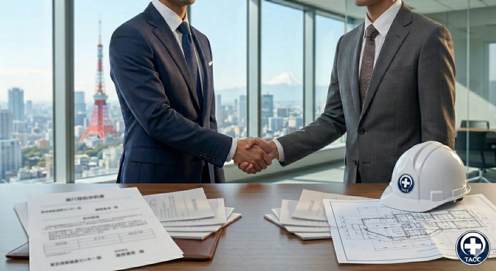 建設業の保証保険の契約で握手を交わすビジネスマン