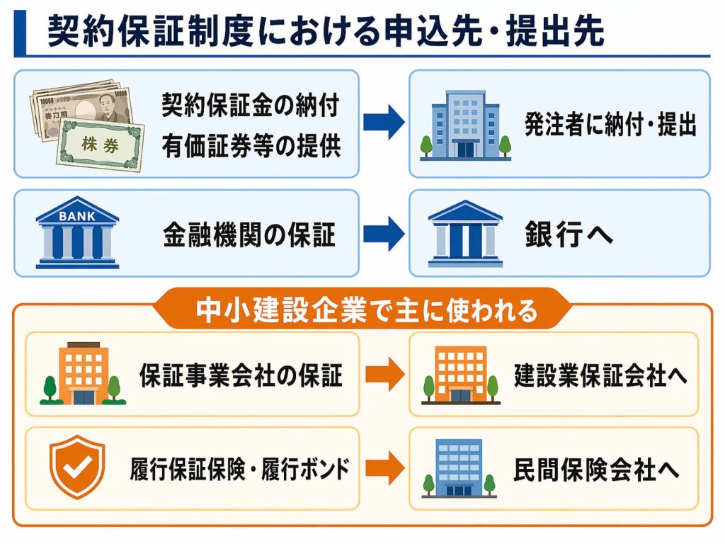 契約保証制度における申込先と提出先の分類図(発注者・銀行・建設業保証会社・民間保険会社)