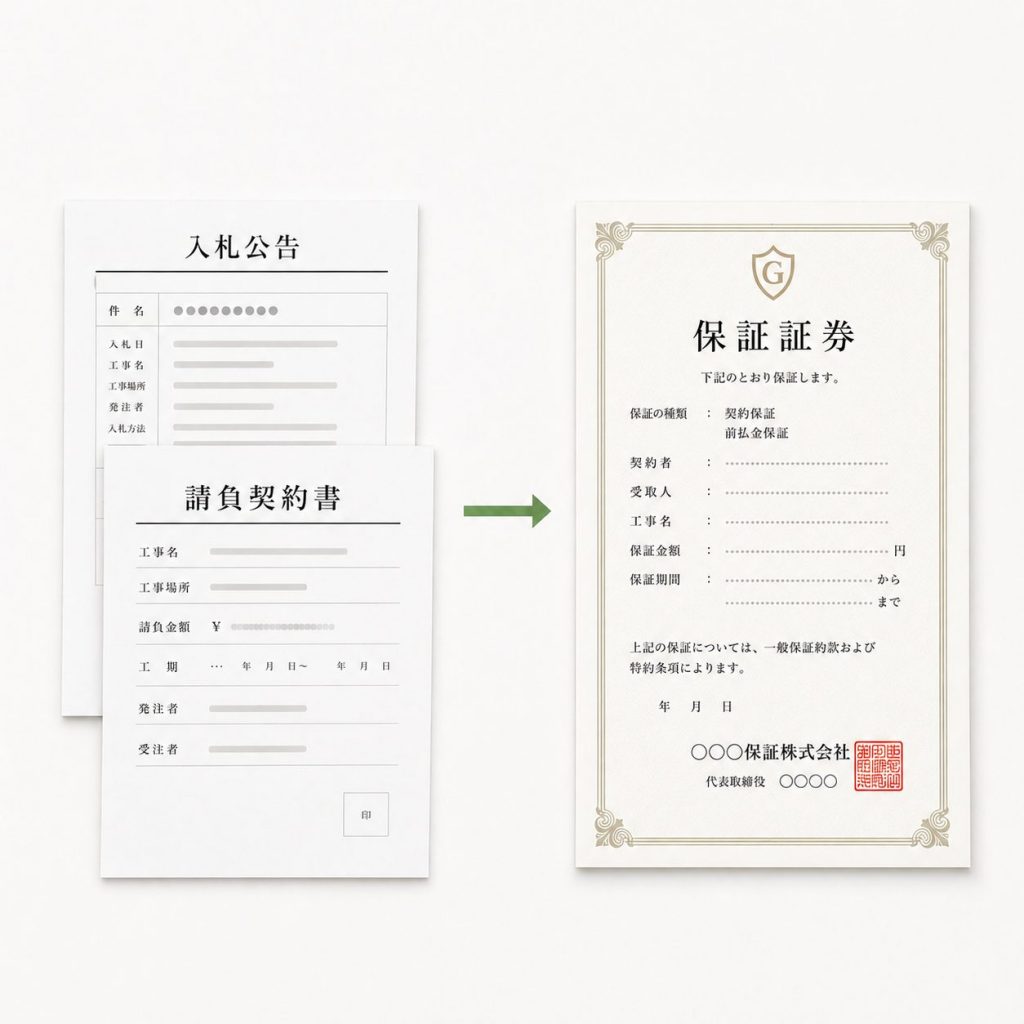 入札公告と工事請負契約書に基づき、契約保証や前払金保証の保証証券が発行される手続きの流れのイメージ図