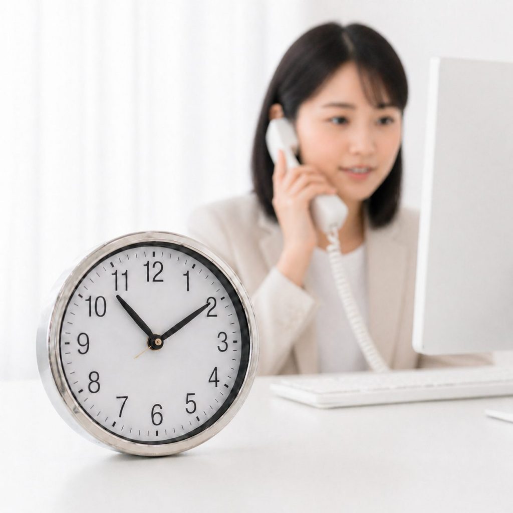 公共工事の履行保証保険に即日対応するコールセンターの女性とスピード審査をイメージした時計