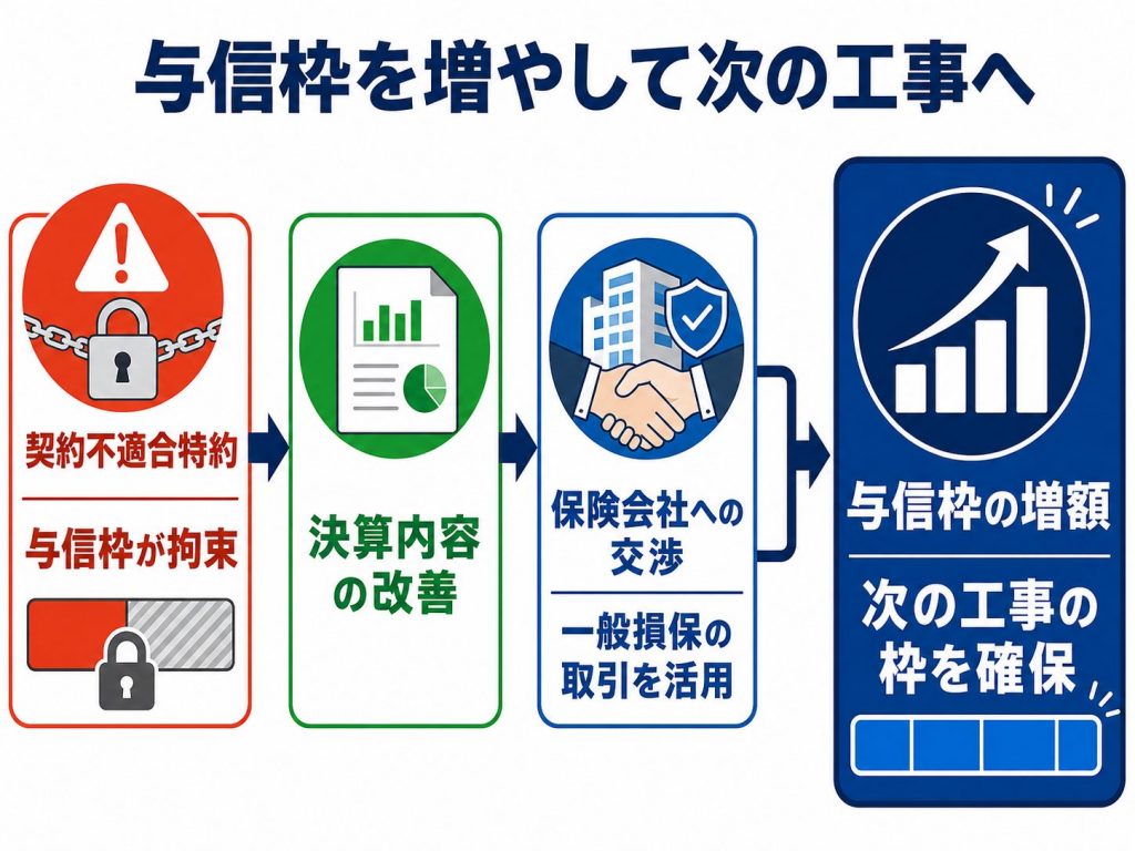 与信枠拡大のフロー図。「契約不適合特約で与信枠が拘束」された状態から、「決算内容の改善」や「保険会社への交渉・一般損保取引の活用」を通じて「与信枠の増額・次の工事枠の確保」へ繋げるプロセスを開設した図解